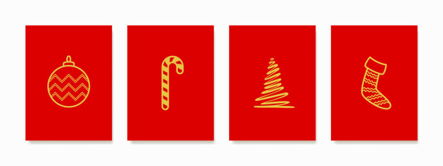 Festive Christmas wall art set featuring trees, stockings, balls, and candy on a red background. Versatile decor for cards, posters, banners, and room decorations.