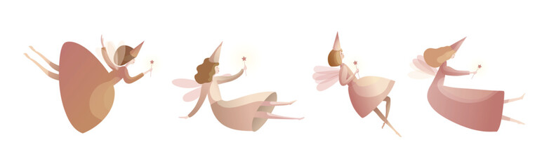 Tender Fairies in Neat Dresses Fluttering with Magic Wand Vector Set