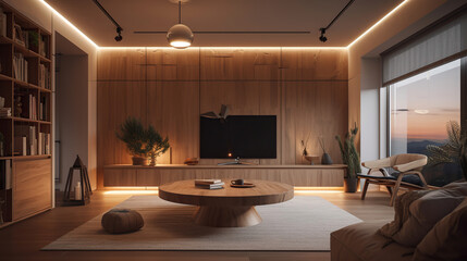 Modern interior of living room with wooden cabinet, Generative AI