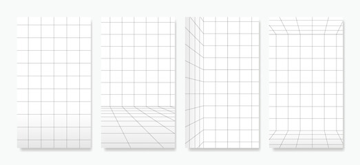 A collection of vector perspective grids with precise lines over a white background. These grids are ideal for vertical Instagram stories, ads, banners, and posters.