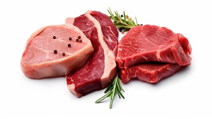 Raw steaks with spices, isolated on white background. Generative AI