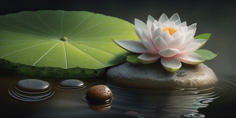 Fototapeta premium Spa still life with water lily and zen stone in a serenity pool. Generative AI