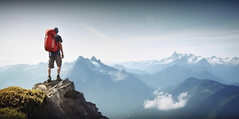 Tourist in mountain peak. Hiker in mountain landscape enjoys the views. Generative AI
