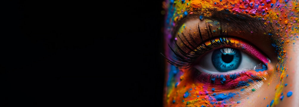 Holi festival. Female eye with colorful make up. Beautiful fashion model with creative art makeup. Abstract colourful splash make-up. Copy Space. Generative AI