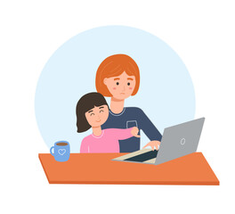Busy woman trying to work with computer while babysitting kid. Vector illustration