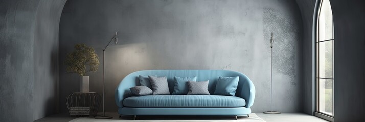 Fototapeta na wymiar Contemporary Blue Sofa Living Room with Concrete Accents, Generative AI