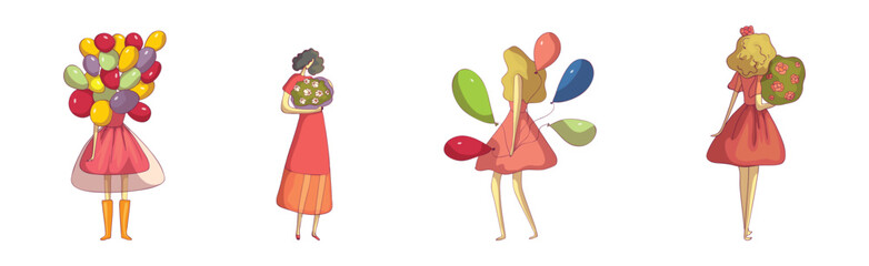 Young Woman Holding Bunch of Colorful Balloons and Flower Bouquet Vector Set
