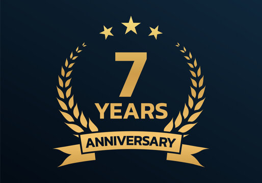 7 year anniversary laurel wreath logo or icon. Jubilee, birthday badge, label or emblem. 7th celebration design element. Vector illustration.