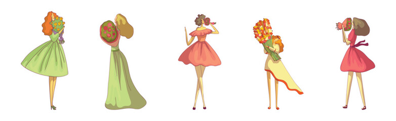 Young Woman Holding Bunch of Flowers Vector Set