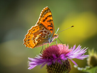 Fototapeta na wymiar A close-up shot of a delicate butterfly perched on a flower, with its wings open wide and its vibrant colors shining in the sun, ai generative