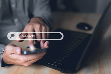 Businessman using smartphone with popup icon email, newsletters and notification for business e-mail and business communication, technology, Scheme of direct sales in business.