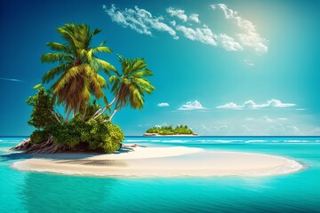 Fototapeta na wymiar Sandy tropical beach with island on background. Summer vacation, tropical beach with turquoise water. Summer vacation and travel concept, Generative AI