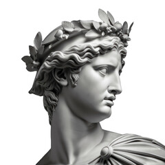 Statue of Apollo's head. Marble statue, isolated, no background, close up. History and art concept. Generative AI, no real statues or people referenced - obrazy, fototapety, plakaty
