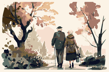 Old couple walking together in a park. Elderly love. Vector art of romantic love. Painting of an old man an old woman enjoying happy senior activity. Outdoors lifestyle. Healthy active pensioners