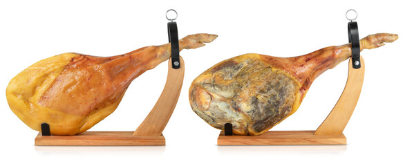 Italian prosciutto from the both sides on wooden stand isolated on white background