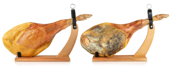 Italian prosciutto from the both sides on wooden stand isolated on white background