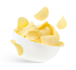 White bowl of potato chips isolated on white background