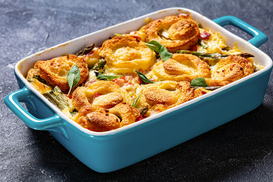 asparagus ham strata with sponge cake circles