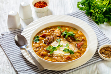 smoked ham hock chicken chili in a bowl