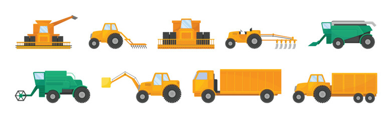 Farm Object with Machinery for Harvest and Field Work Vector Set
