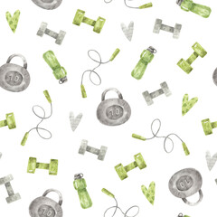 Seamless pattern with sport tools. Watercolor hand-drawn texture with sport equipment - skipping rope, dumbbells, kettlebells © Katerina Koniukhova