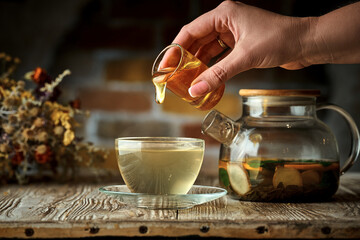 Honey is poured into a cup of tea. Composition of a warm and winter evening with a teapot