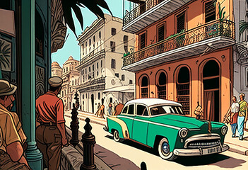 Detalle, Malecom de La Habana, nivel de la calle, dibujos animados suaves, detalles intrincados, impresionante. ilustración creada con Inteligencia Artificial