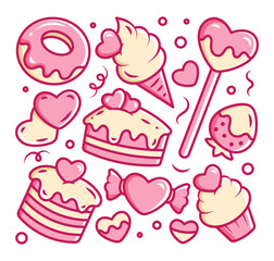 Colored doodles of sweets. Dessert and confectionery.Isolated vector elements on a white background.