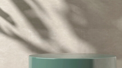 Minimal, modern emerald green round table in dappled sunlight, leaf shadow on clean blank beige...