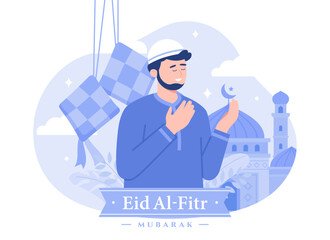 A man greeting eid mubarak background. Modern vector flat illustration