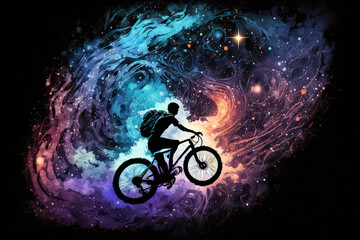 Fototapeta na wymiar riding a bike in the universe, colorful surreal silhouette, Generative AI