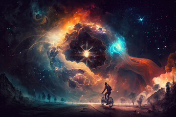 Fototapeta na wymiar riding a bicycle with a beautiful background, galaxy with stars, Generative AI
