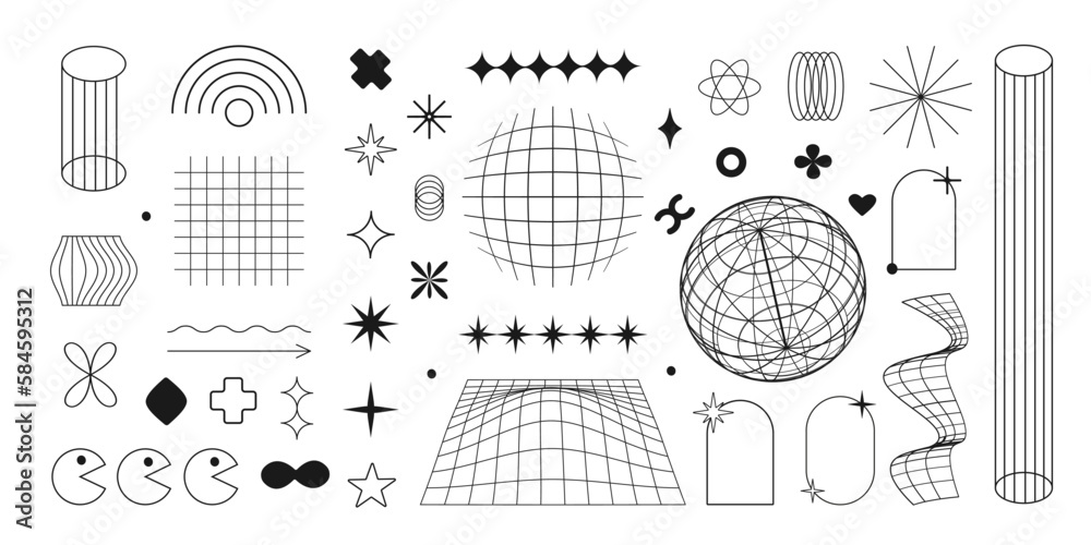 Poster aesthetic y2k geometric isolated shapes. simple line art design elements. vector illustration on tra