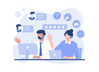 Customer service, hotline operators consult customers, call center. Modern vector flat illustration