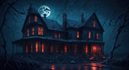Fototapeta na wymiar A dark Halloween scary house in the night forest and a big scary moon, concept art, background illustration