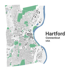 Hartford map, capital city of the USA state of Connecticut. Municipal administrative area map with buildings, rivers and roads, parks and railways.