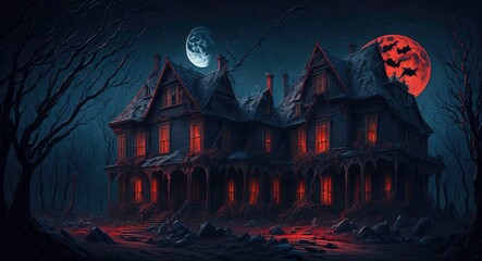 A dark Halloween scary house in the night forest and a big scary moon, concept art, background illustration