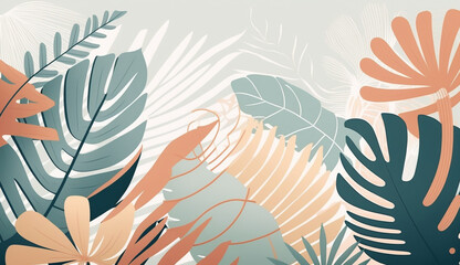 a close up of a colorful tropical leafy background with a variety of tropical leaves. Generative Ai