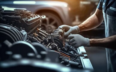 Mechanic repairing  a car engine in car service workshop with a wrench, car service and maintenance concept