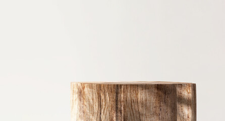 Minimal, natural log wood podium table in beautiful sunlight, leaf shadow in blank cream white...