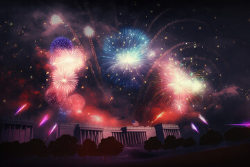 Fototapeta na wymiar AI generated celebratory fireworks on background of american flag at usa independence day