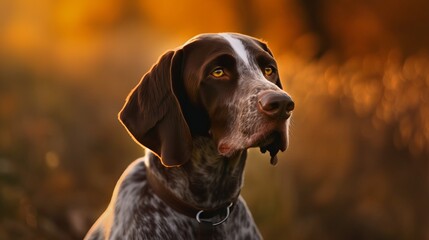 German Short hair Pointer dog outdoor portrait against a woodland background.