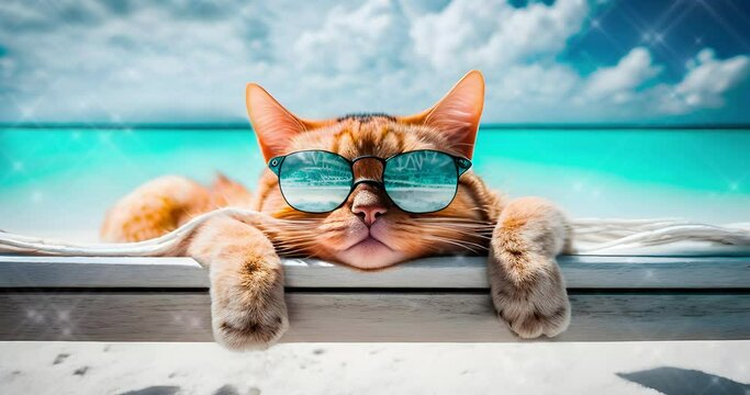 a cat is lying on a beach bed, wearing sunglasses, on a tropical beach, Maldives, fantasy, generated in AI