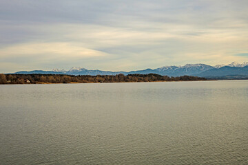 view over Chiemsee lake with the alps at the horizon