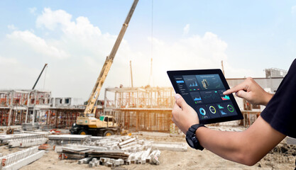 Smart Construction Project management system concept.Hands using digital tablet with Construction...