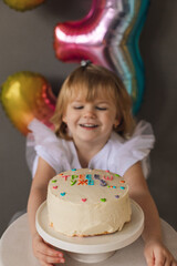 Birthday three years. Happy day. Delicious cake decorated with candles.