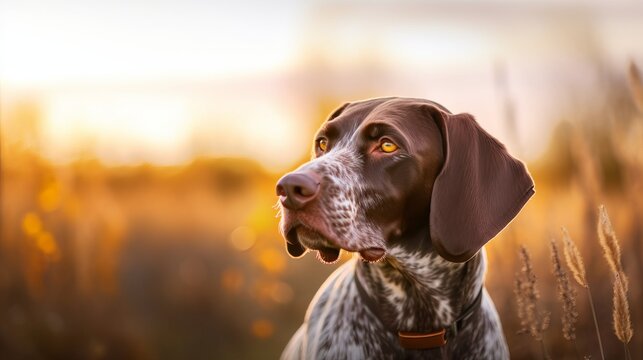 German Short hair Pointer dog outdoor portrait against a woodland background.