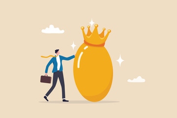 Golden egg investment, precious retirement pension fund, wealth or saving, 401k or IRA, prosperity or valuable asset concept, wealthy businessman with precious golden egg wearing crown. - obrazy, fototapety, plakaty