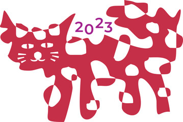 Fantastic cartoon funny cat in the key viva magenta, color 2023 roku. Vector graphics. 