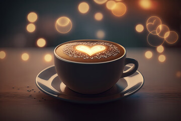 AI generated of hot art latte coffee in cup on wooden table and coffeeshop blur background